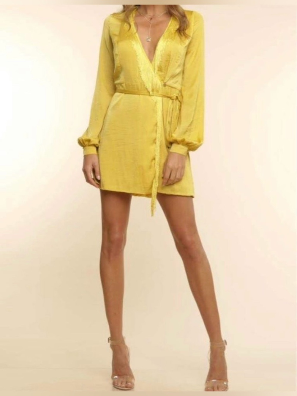 Brittany Aldean Fringe Wrap Dress in Mustard Yellow